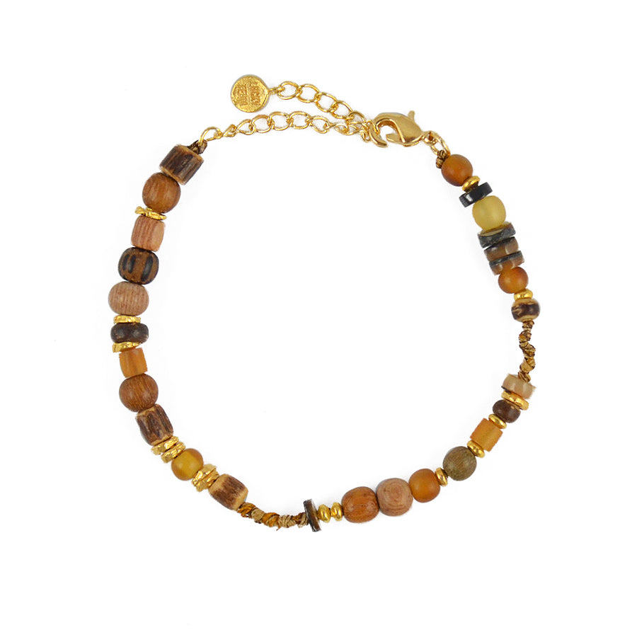 Bracelet mix perles disques dorés et noeuds - BOIS