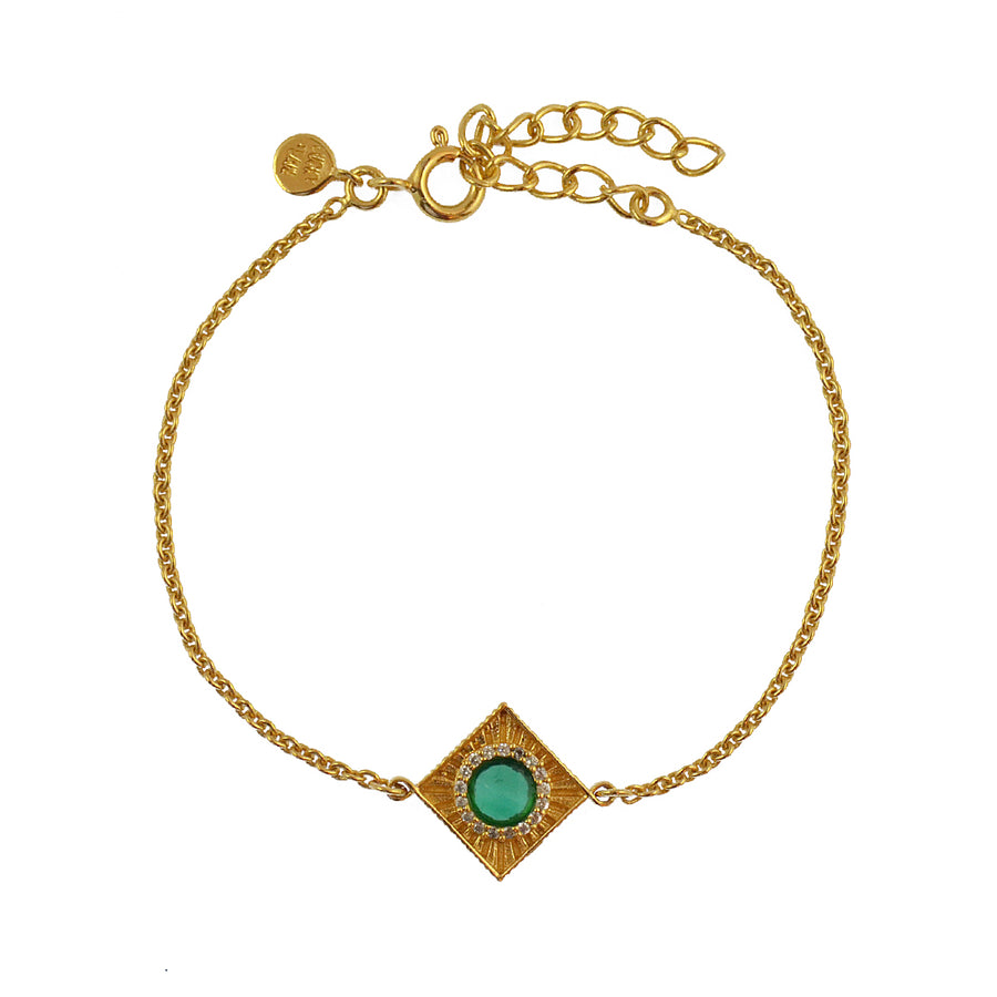 Bracelet doré carré pierre ronde et zircons - ONYX VERTE -