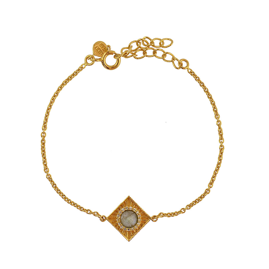Bracelet doré carré pierre ronde et zircons - LABRADORITE -