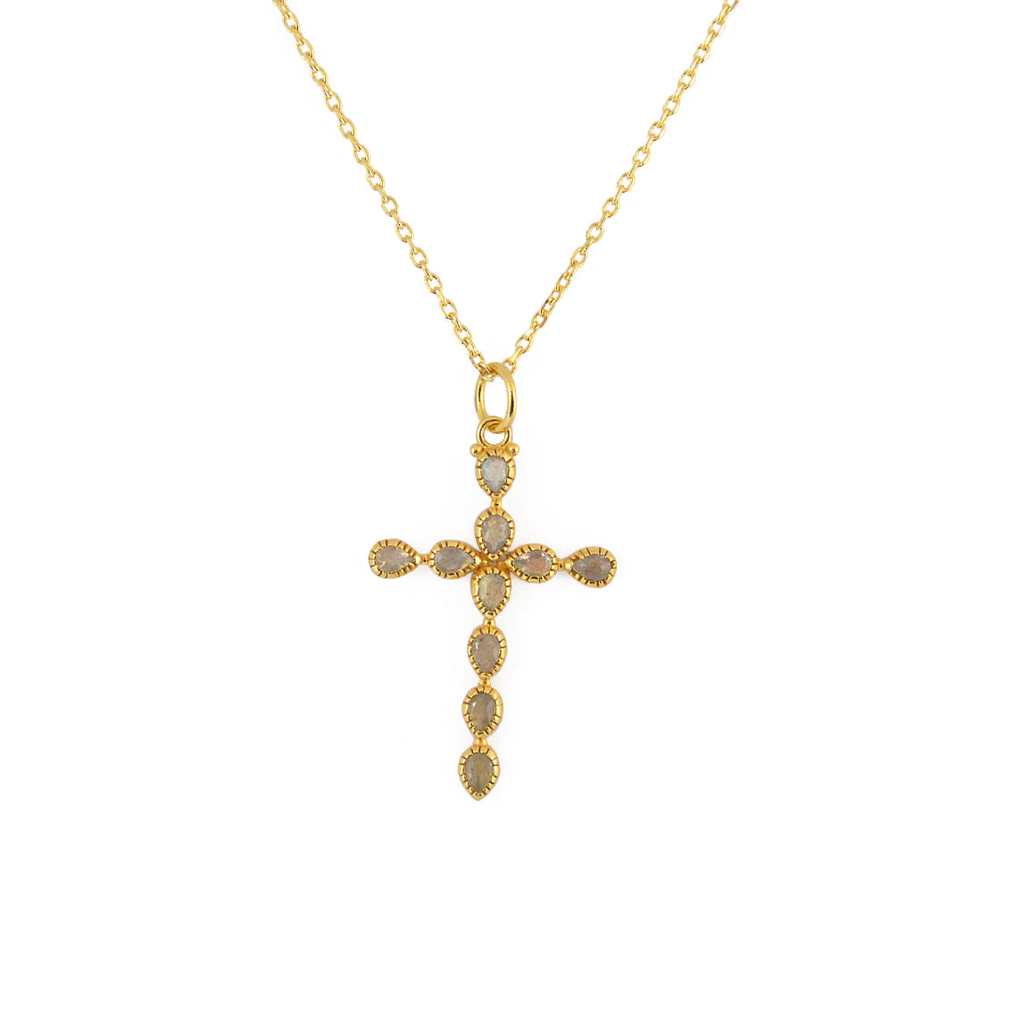 Collier doré croix et pierres gouttes - LABRADORITE