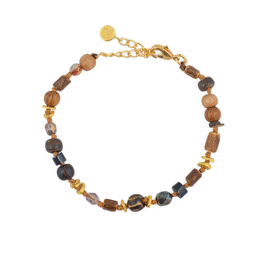Bracelet perles noeuds et disques dorés - MIX BOIS