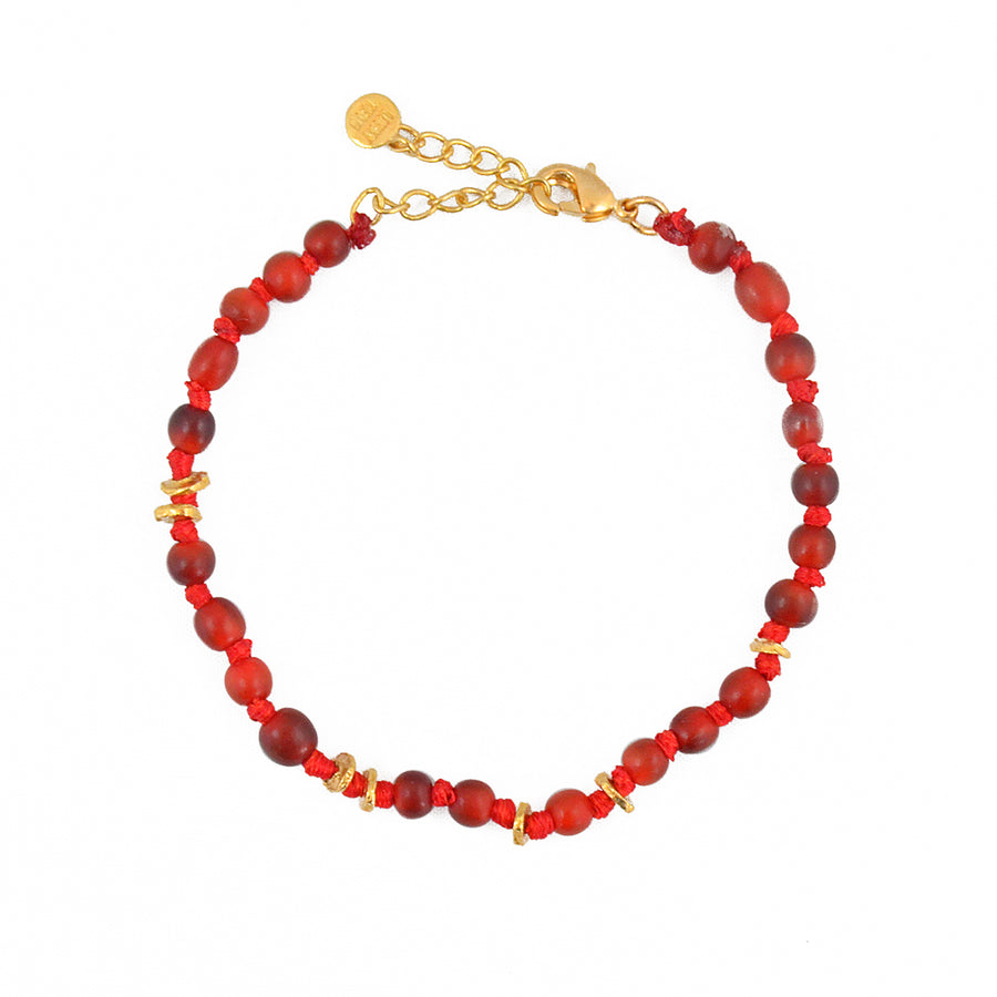 Bracelet perles noeuds et disques dorés - CORNALINE ROUGE