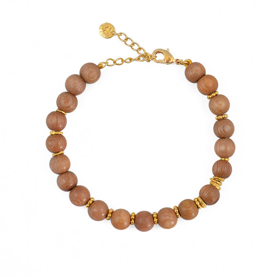 Bracelet perles bois rondes et disques dorés