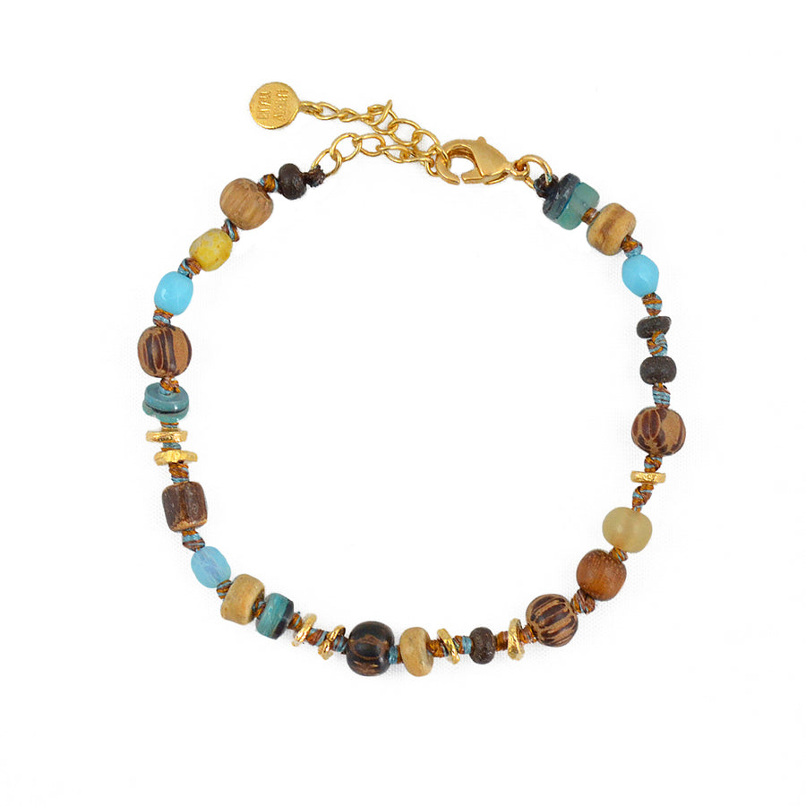 Bracelet perles noeuds et disques dorés - BOIS