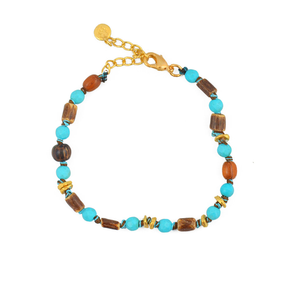 Bracelet perles noeuds et disques dorés - TURQUOISE & BOIS