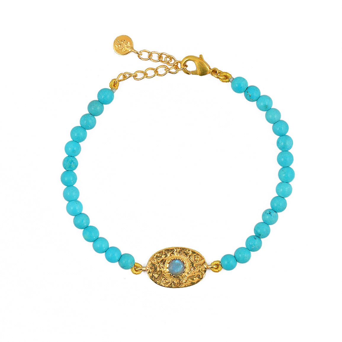 Bracelet doré pierres plaque ovale martelée - TURQUOISE