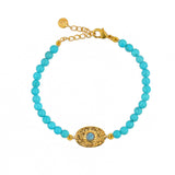 Bracelet doré pierres plaque ovale martelée - TURQUOISE