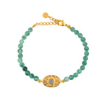 Bracelet doré pierres plaque ovale martelée - AGATE VERTE