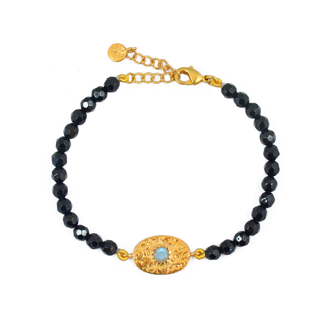 Bracelet doré pierres plaque ovale martelée - AGATE NOIRE