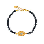 Bracelet doré pierres plaque ovale martelée - AGATE NOIRE