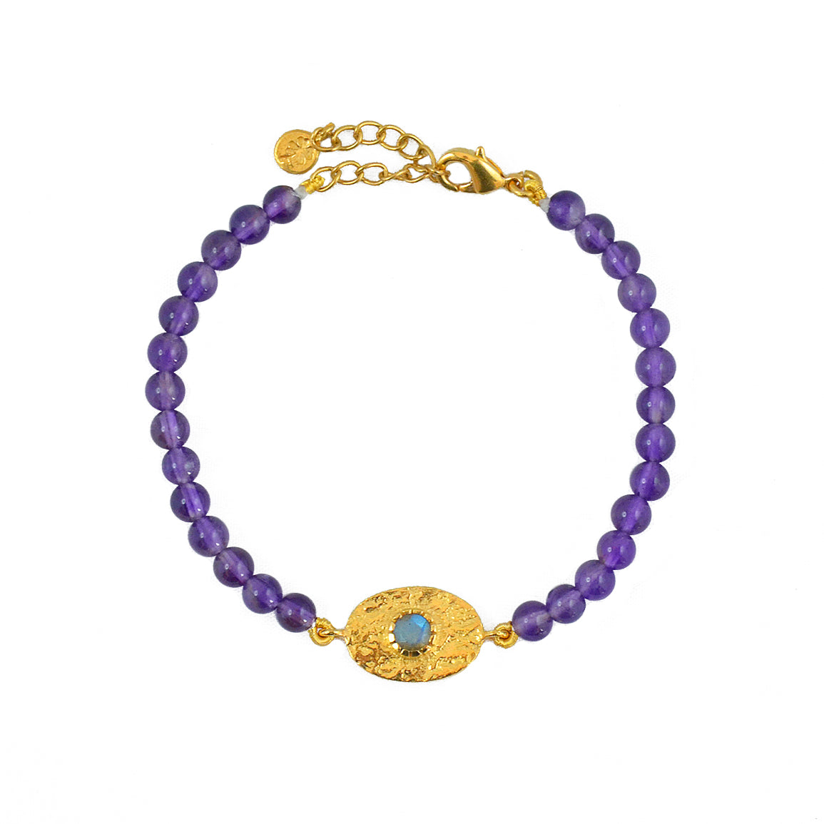 Bracelet doré pierres plaque ovale martelée - AGATE MAUVE