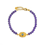 Bracelet doré pierres plaque ovale martelée - AGATE MAUVE