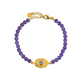 Bracelet doré pierres plaque ovale martelée - AGATE MAUVE