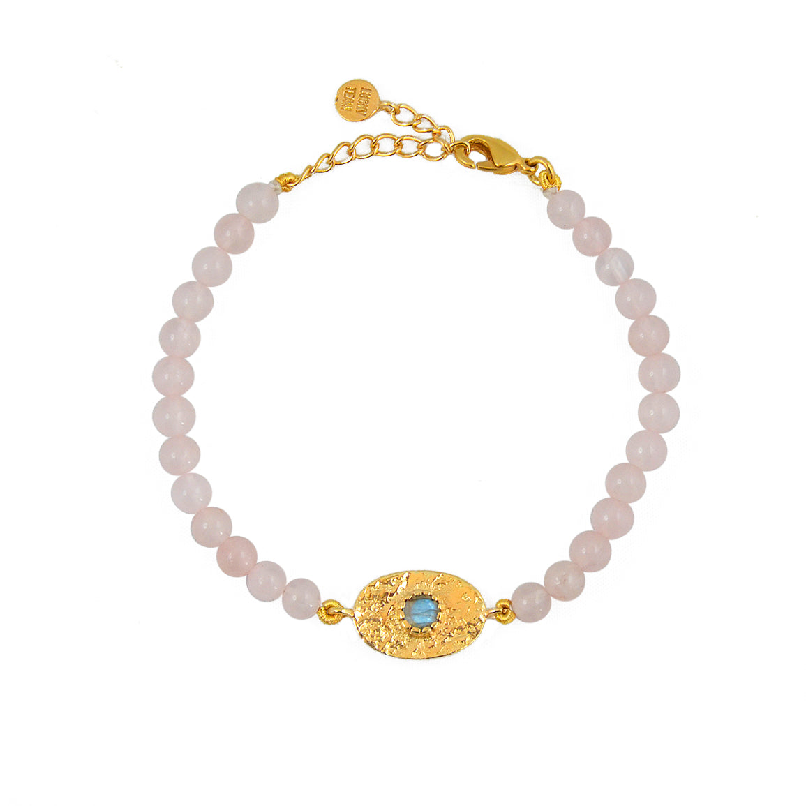 Bracelet doré pierres plaque ovale martelée - QUARTZ ROSE