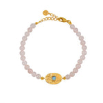 Bracelet doré pierres plaque ovale martelée - QUARTZ ROSE