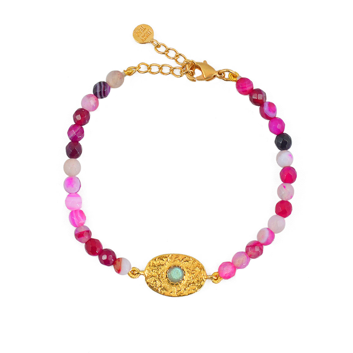 Bracelet doré pierres plaque ovale martelée - AGATE ROSE
