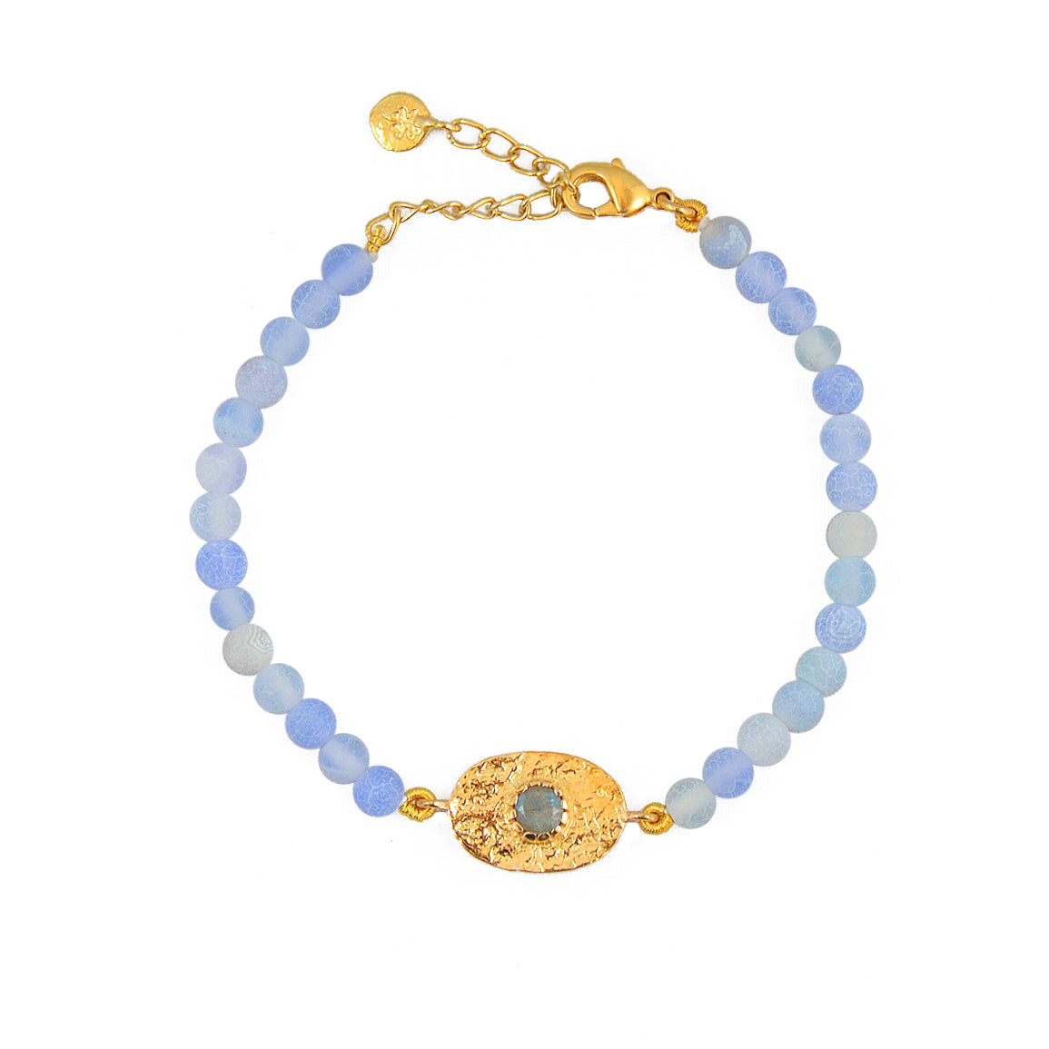 Bracelet doré pierres plaque ovale martelée - AGATE BLEUE