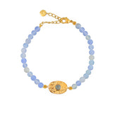 Bracelet doré pierres plaque ovale martelée - AGATE BLEUE
