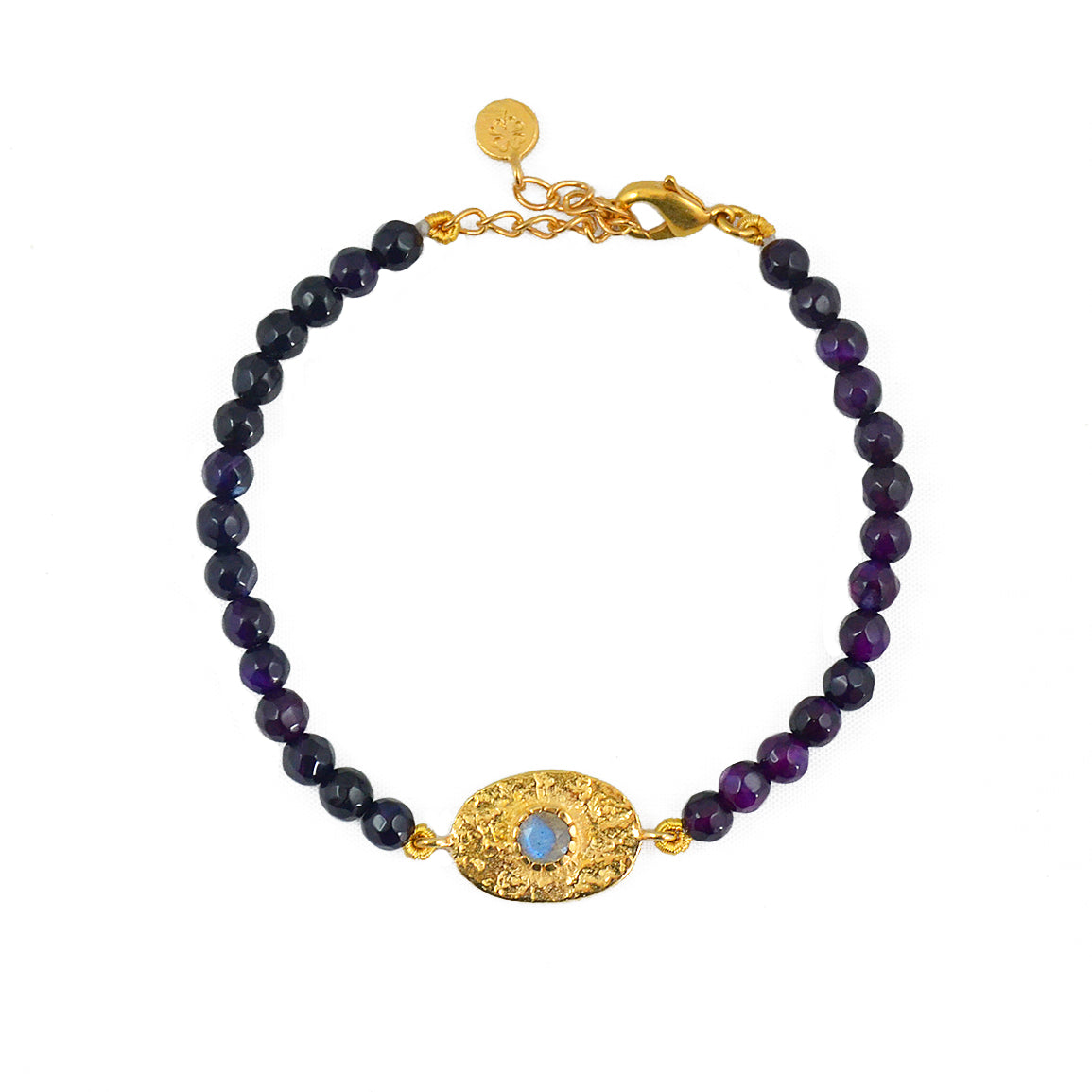 Bracelet doré pierres plaque ovale martelée - AGATE VIOLETTE