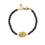 Bracelet doré pierres plaque ovale martelée - AGATE VIOLETTE