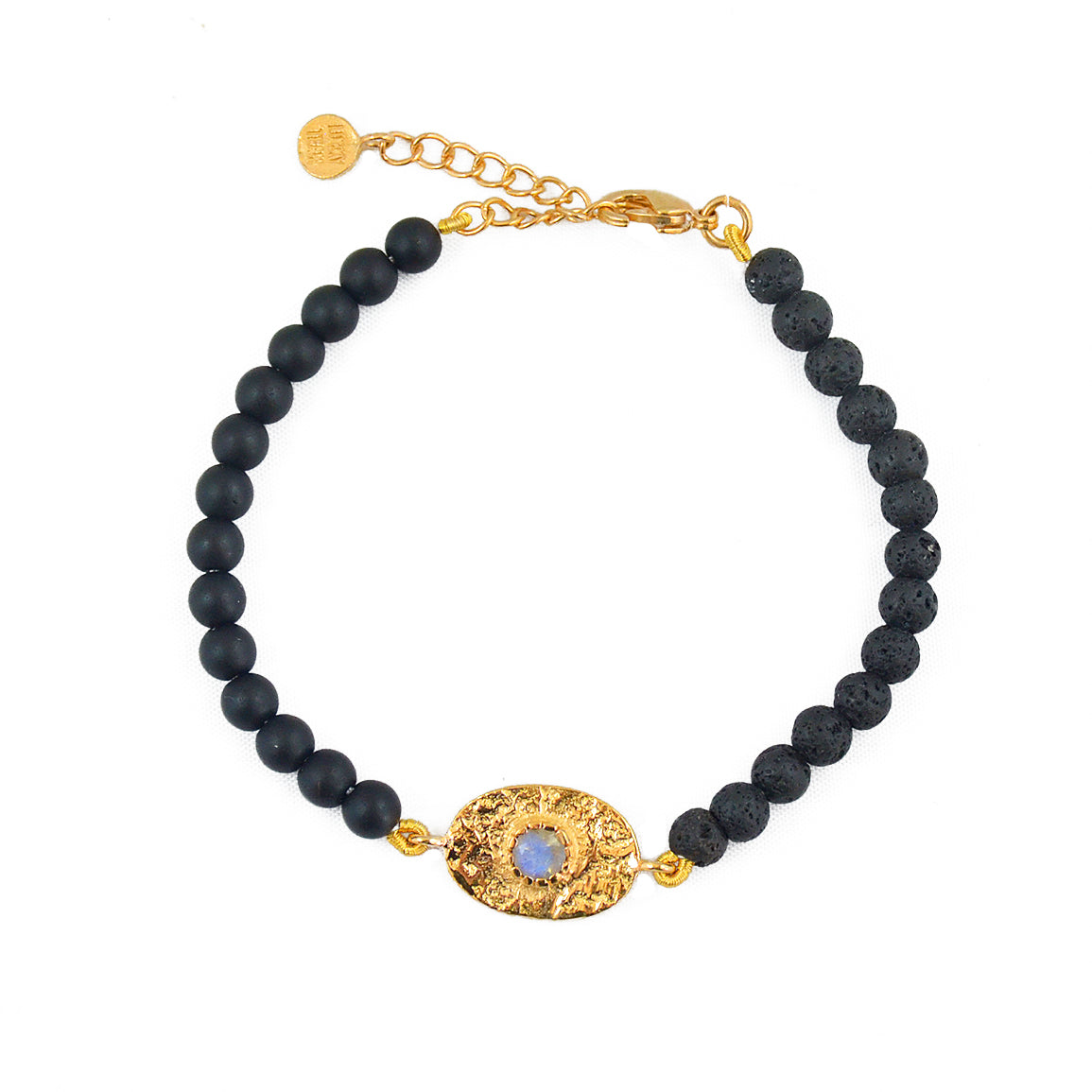 Bracelet doré pierres plaque ovale martelée - PERLE DE LAVE
