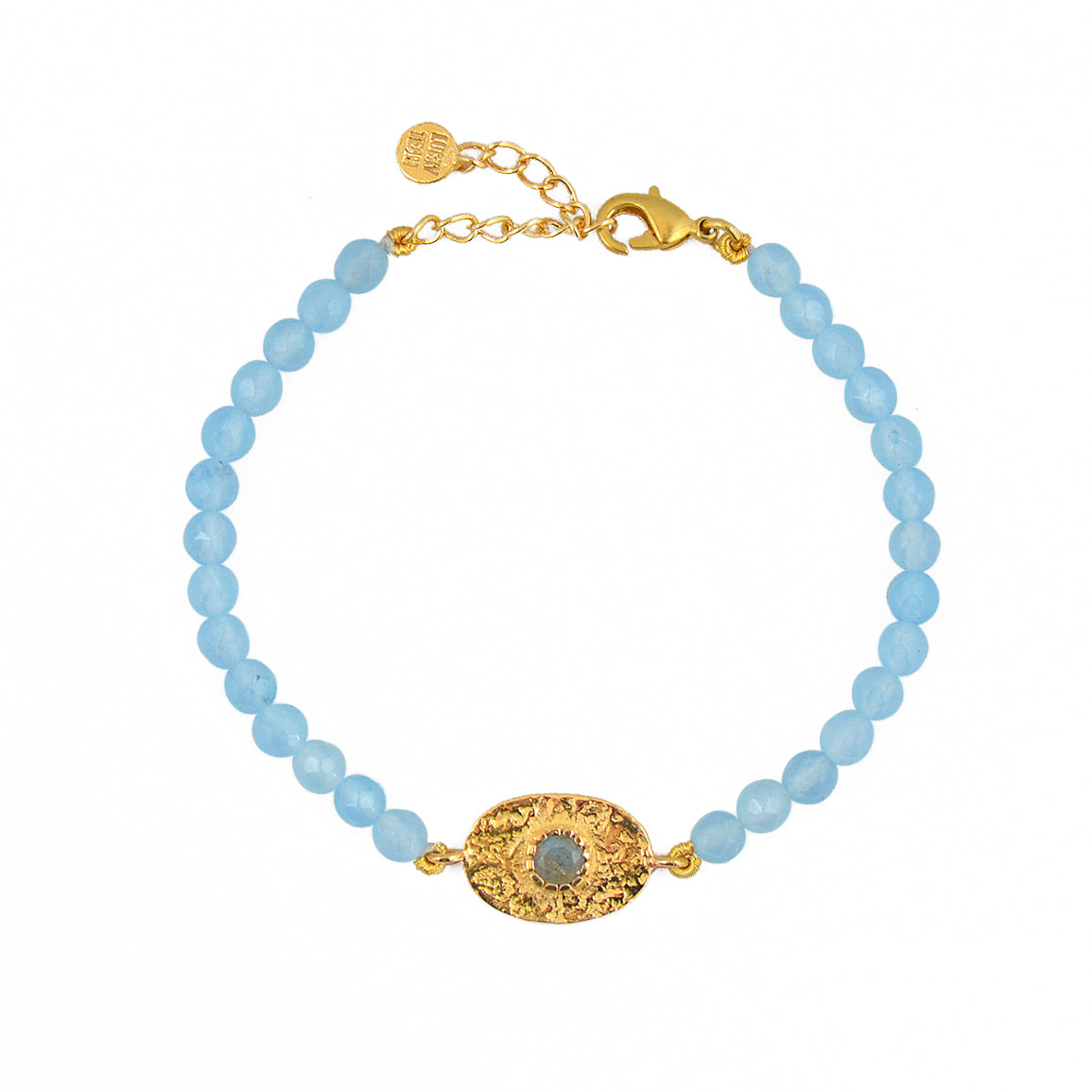 Bracelet doré pierres plaque ovale martelée - AGATE BLEUE