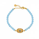 Bracelet doré pierres plaque ovale martelée - AGATE BLEUE