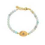 Bracelet doré pierres plaque ovale martelée - VERT D’EAU