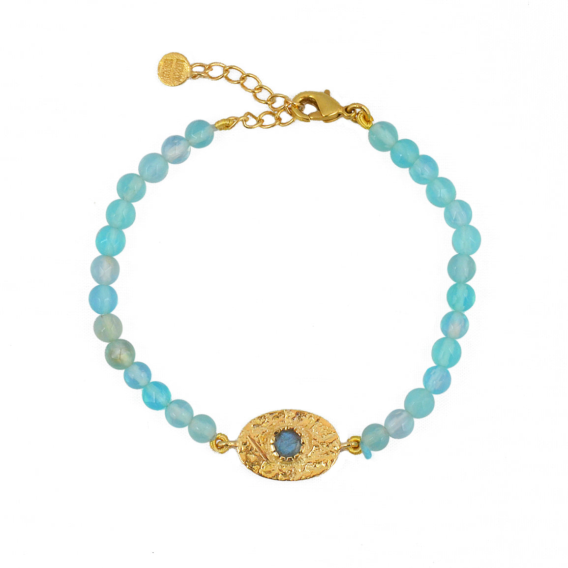 Bracelet doré pierres plaque ovale martelée - BLEU