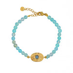 Bracelet doré pierres plaque ovale martelée - BLEU