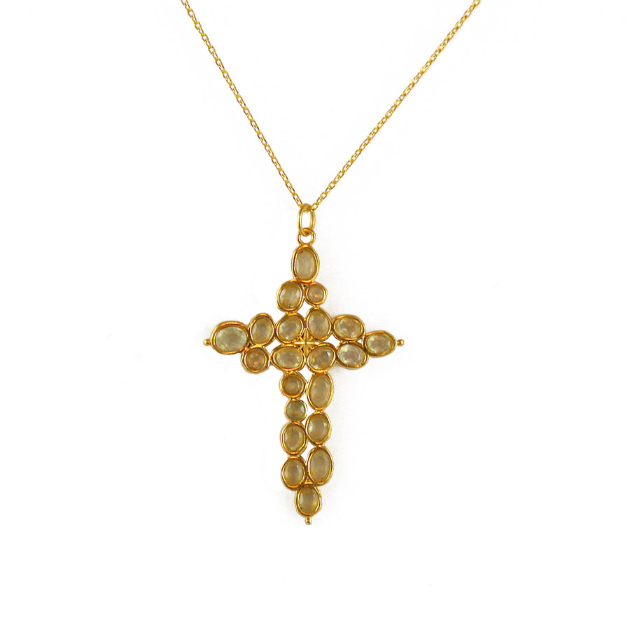 Collier doré grande croix baroque en pierre - PREHNITE