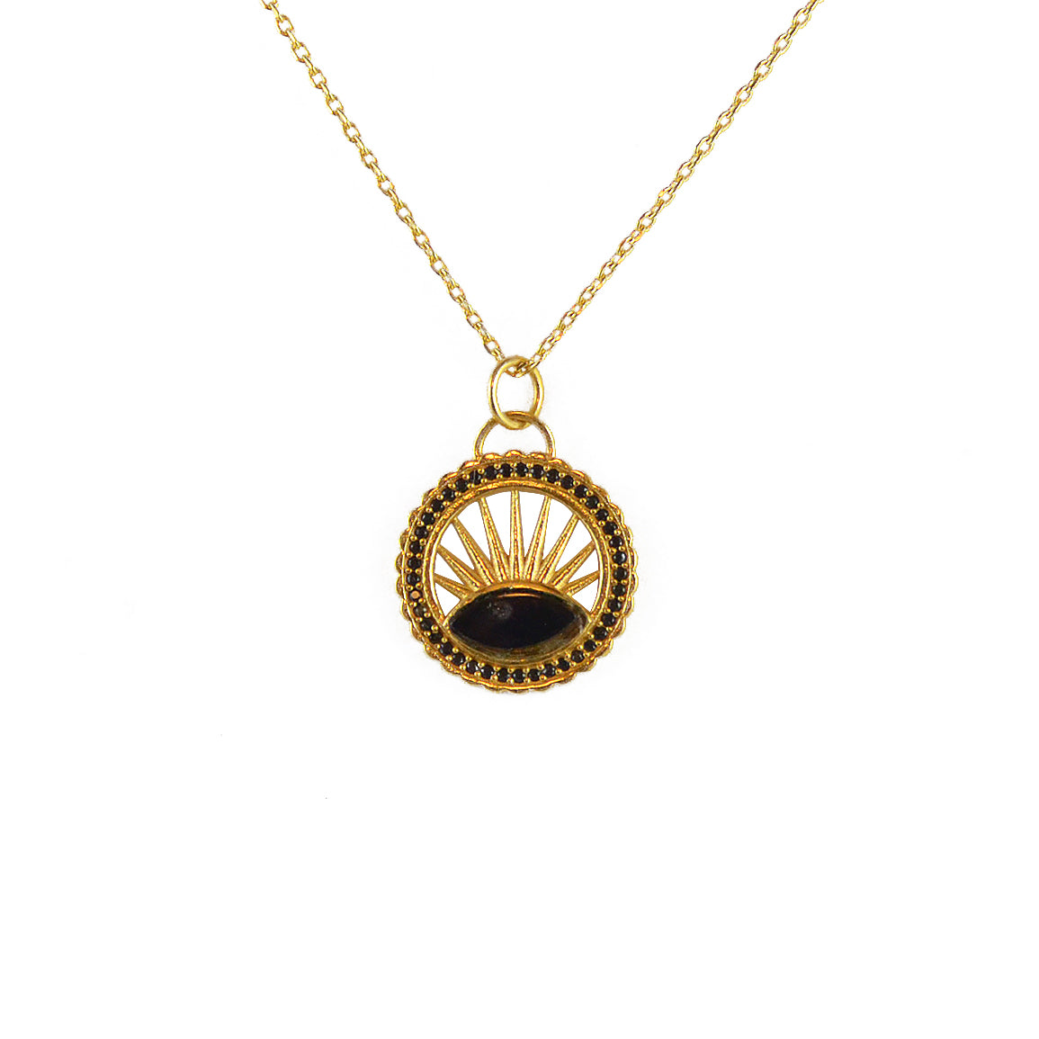 Collier doré médaille ajourée soleil et pierre - ONYX NOIRE