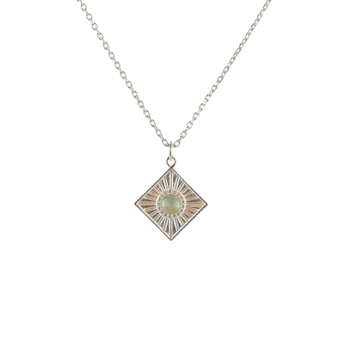 Collier argent 925 et pendentif carré et pierre - PREHNITE