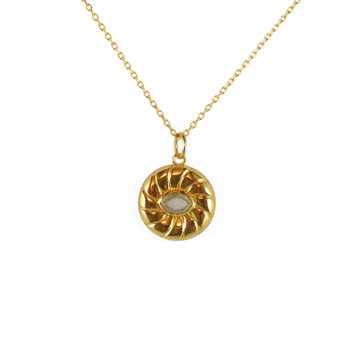 Collier doré pendentif médaille soleil pierre - PREHNITE
