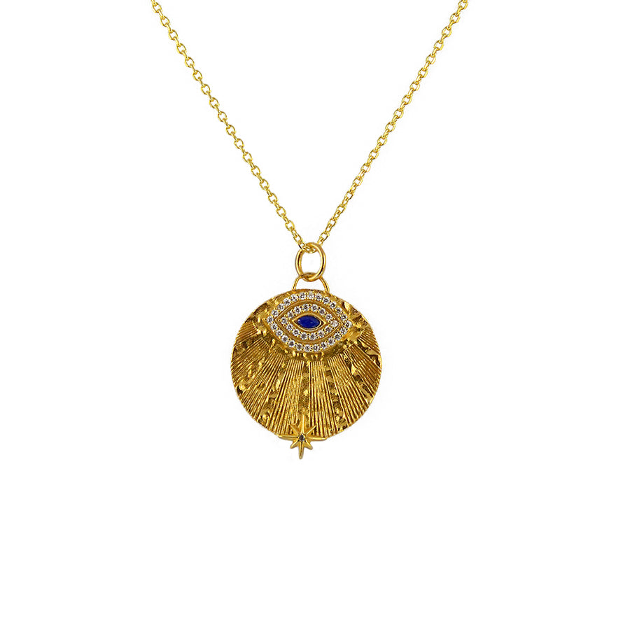 Collier doré médaille texturée oeil pierre et zircons -