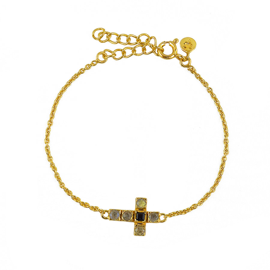 Bracelet doré et croix pierres - LABRADORITE & ONYX NOIRE
