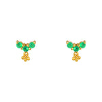 Boucles puces dorées 3 pierres et pampille - ONYX VERTE -