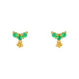 Boucles puces dorées 3 pierres et pampille - ONYX VERTE -