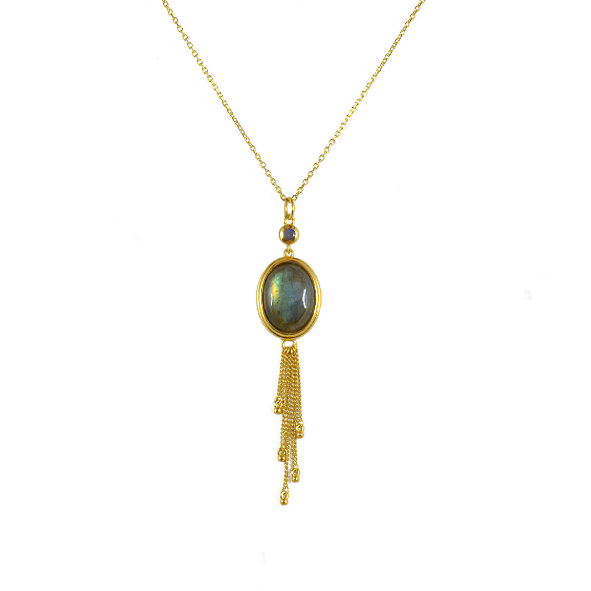 Collier doré pierre cabochon et chainettes - LABRADORITE -