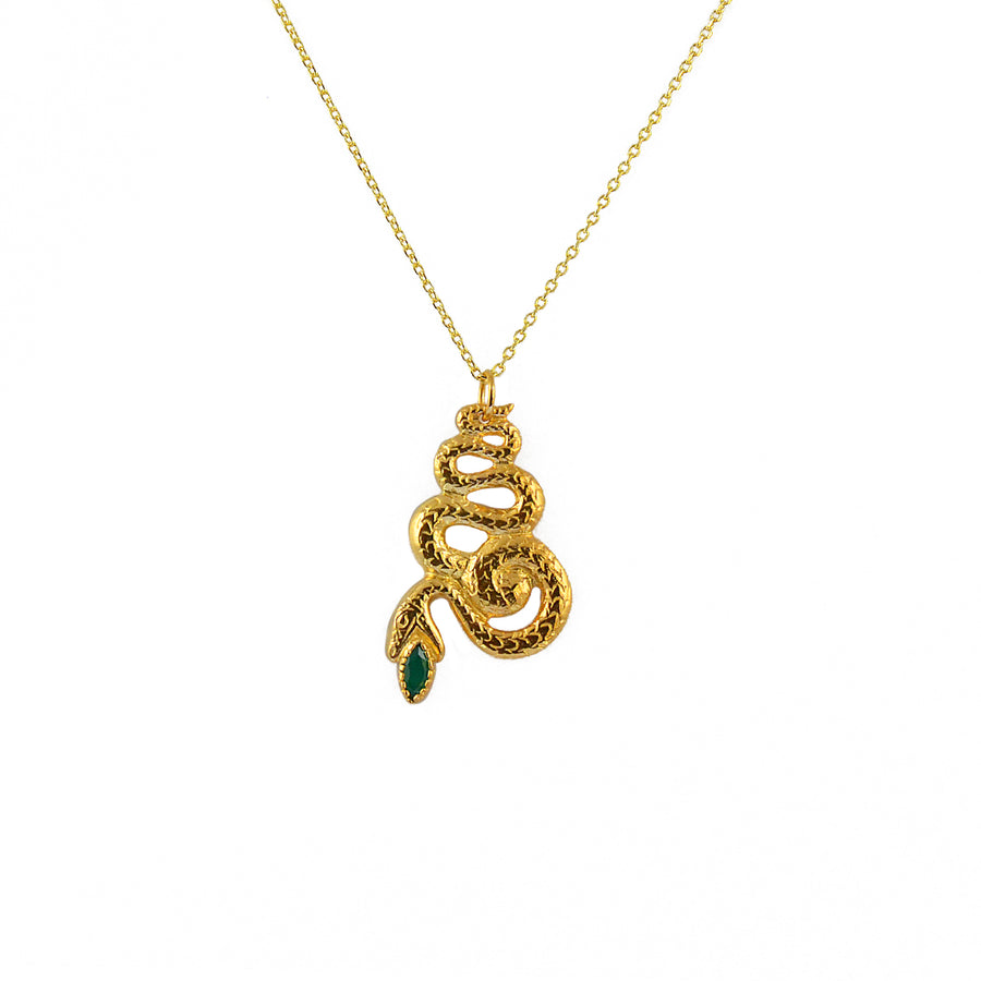 Collier doré pendentif serpent et pierre - ONYX VERTE