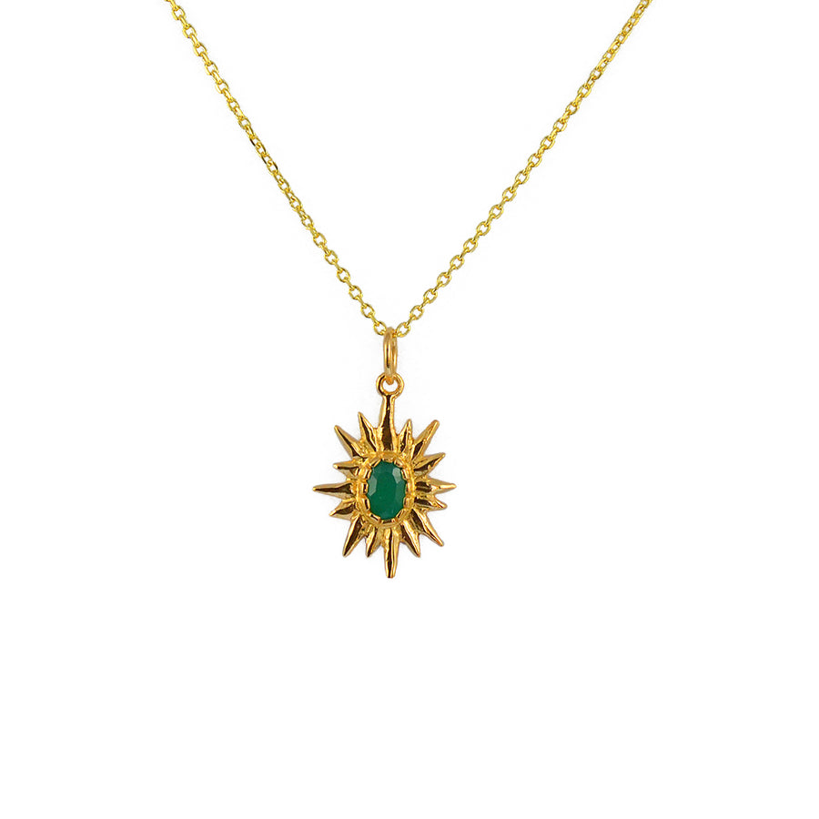 Collier doré pendentif soleil et pierre - ONYX VERTE -