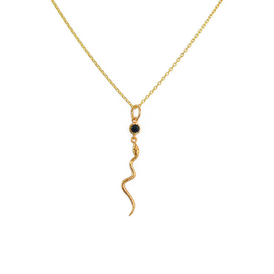 Collier doré pendentif serpent et pierre - ONYX NOIRE -