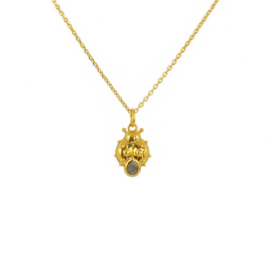 Collier doré pendentif coccinelle et pierre - LABRADORITE -