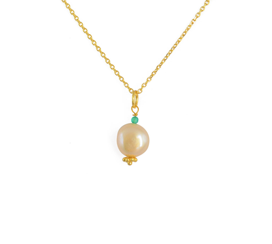 Collier doré et pendentif perle rose et pierre - ONYX VERTE