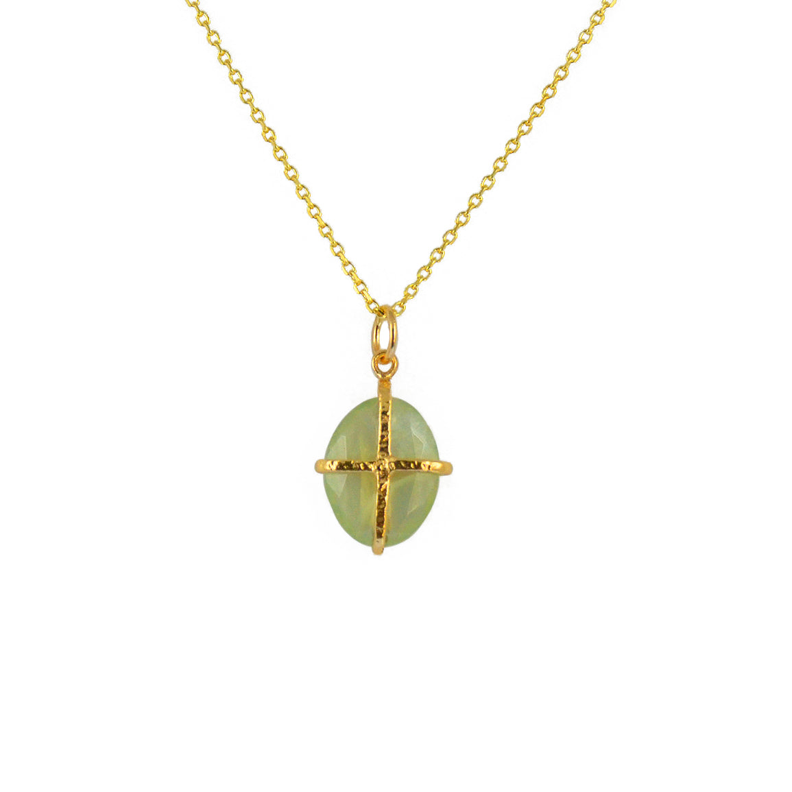 Collier doré pendentif pierre cage dorée - PREHNITE -