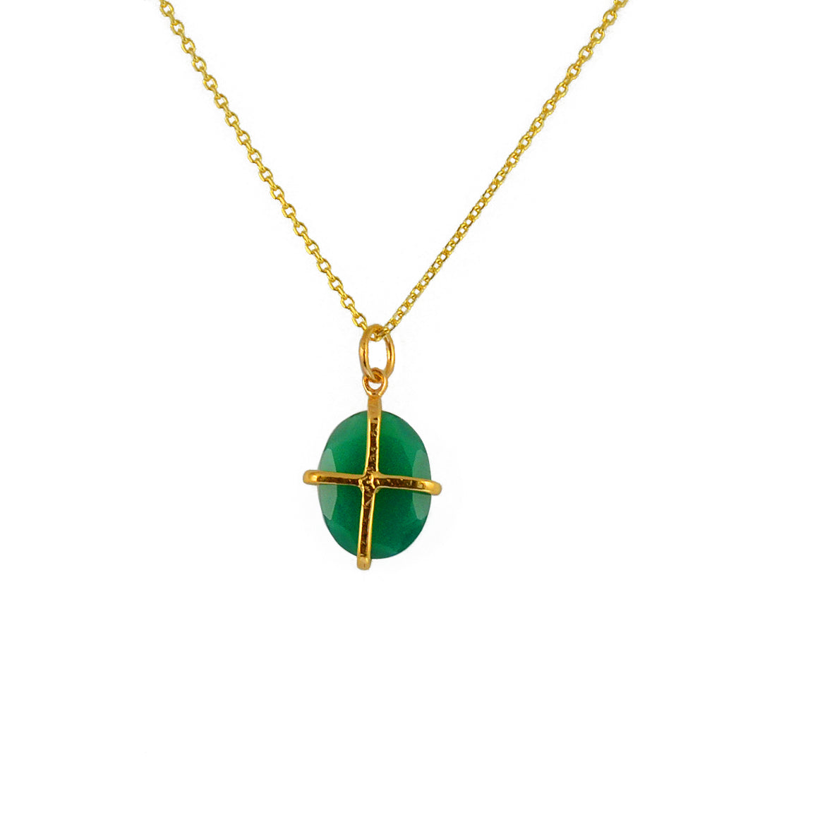 Collier doré pendentif pierre cage dorée - ONYX VERTE -