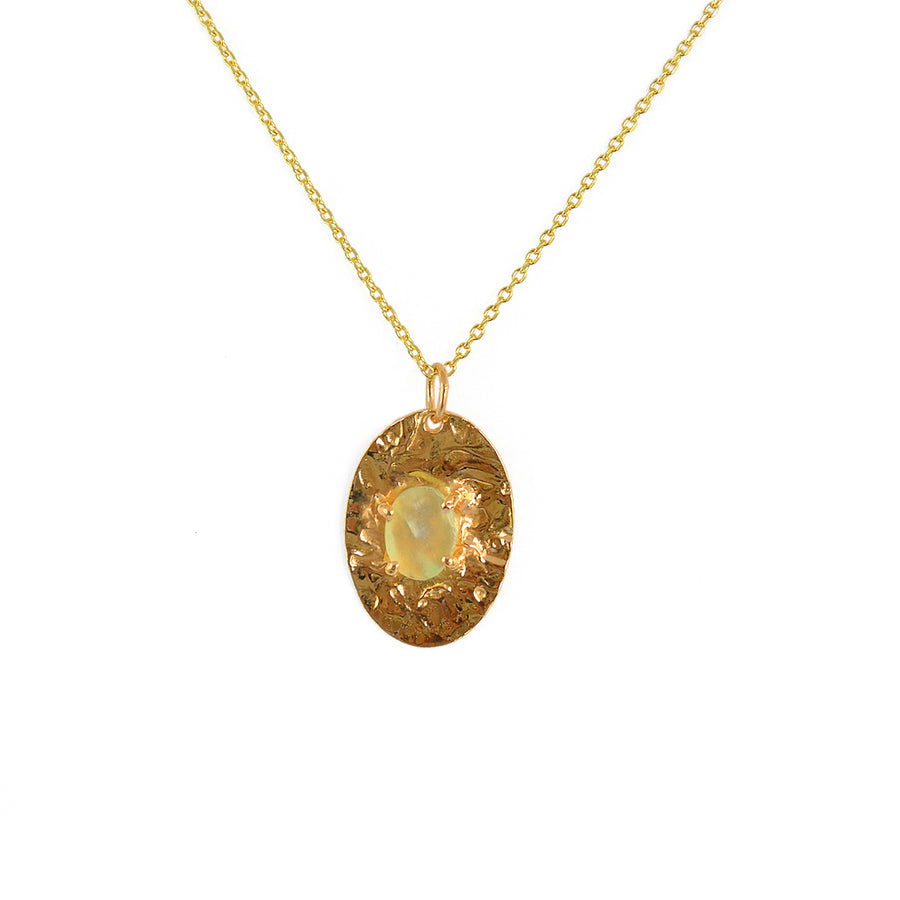 Collier doré pendentif martelé et pierre plate - PREHNITE -