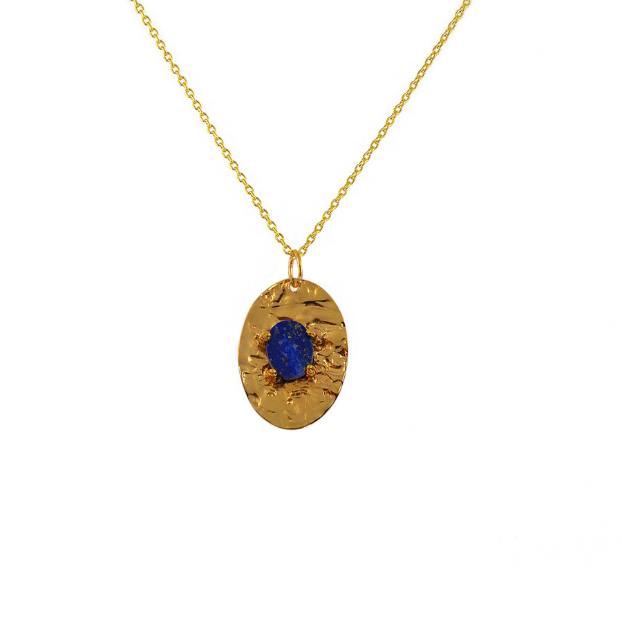 Collier doré pendentif martelé et pierre plate - LAPIS -