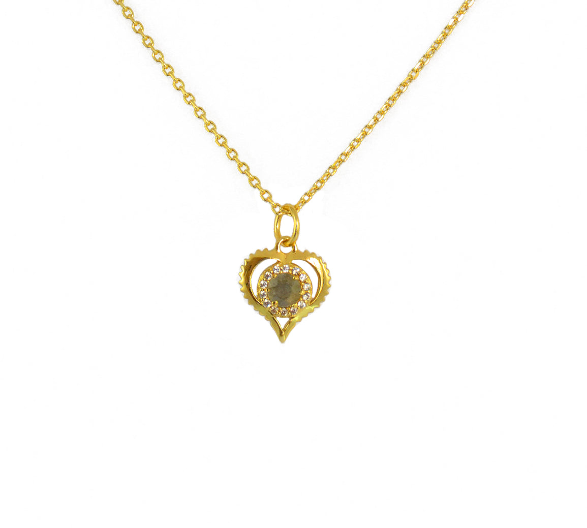 Collier doré pendentif coeur pierre et zircons - LABRADORITE
