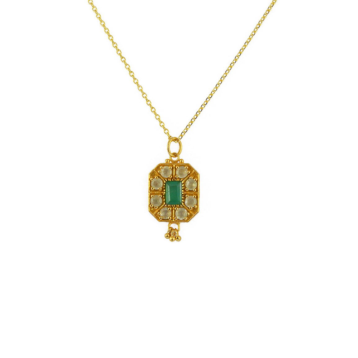 Collier doré plaque pierre et pampilles dorées - ONYX VERTE